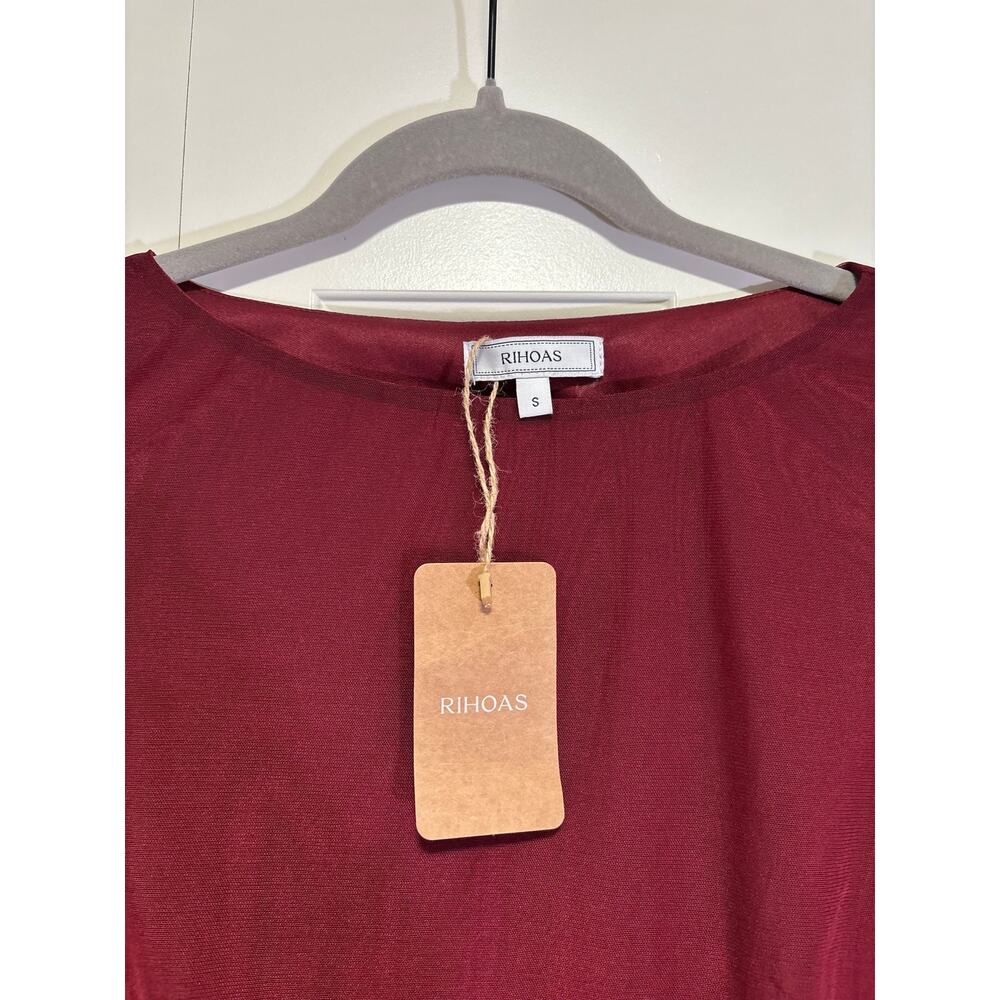 RIHOAS Women's Burgundy Mesh Bell Sleeve Mini Dress Size S NWT - Picture 7 of 8